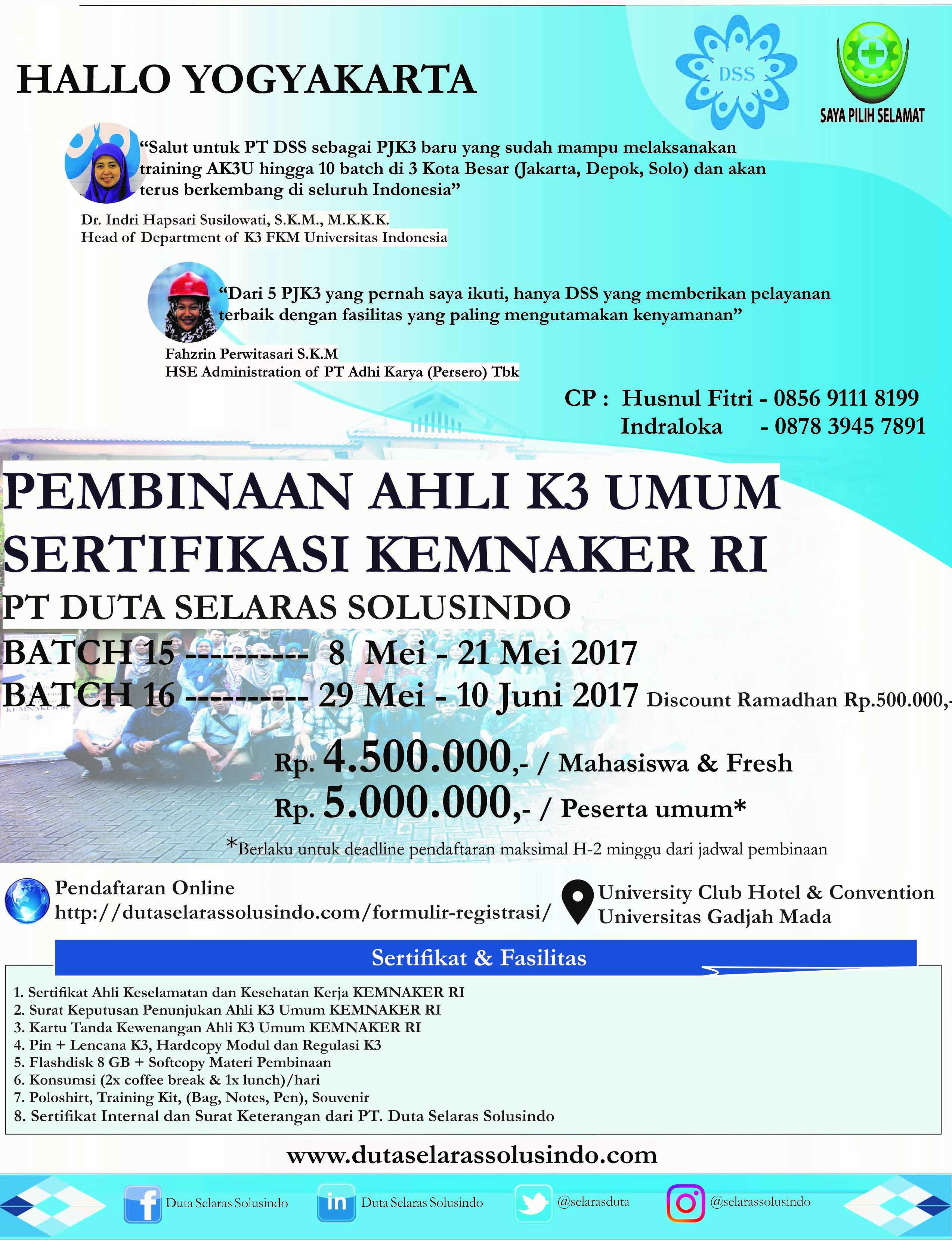 [POSTER] Pembinaan Ahli K3 Umum Sertifikasi KEMNAKER RI 2017 Regional Yogyakarta - PT. Duta Selaras Solusindo